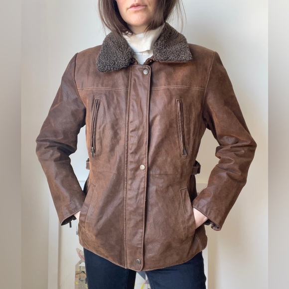 Brown aviator leather jacket / 90’s vintage / approx Large - Picture 1 of 11